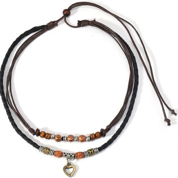 Western Layered Boho Wood Beads Choker Necklace Luck Copper Coins Heart Shaped F - Picture 7 of 7
